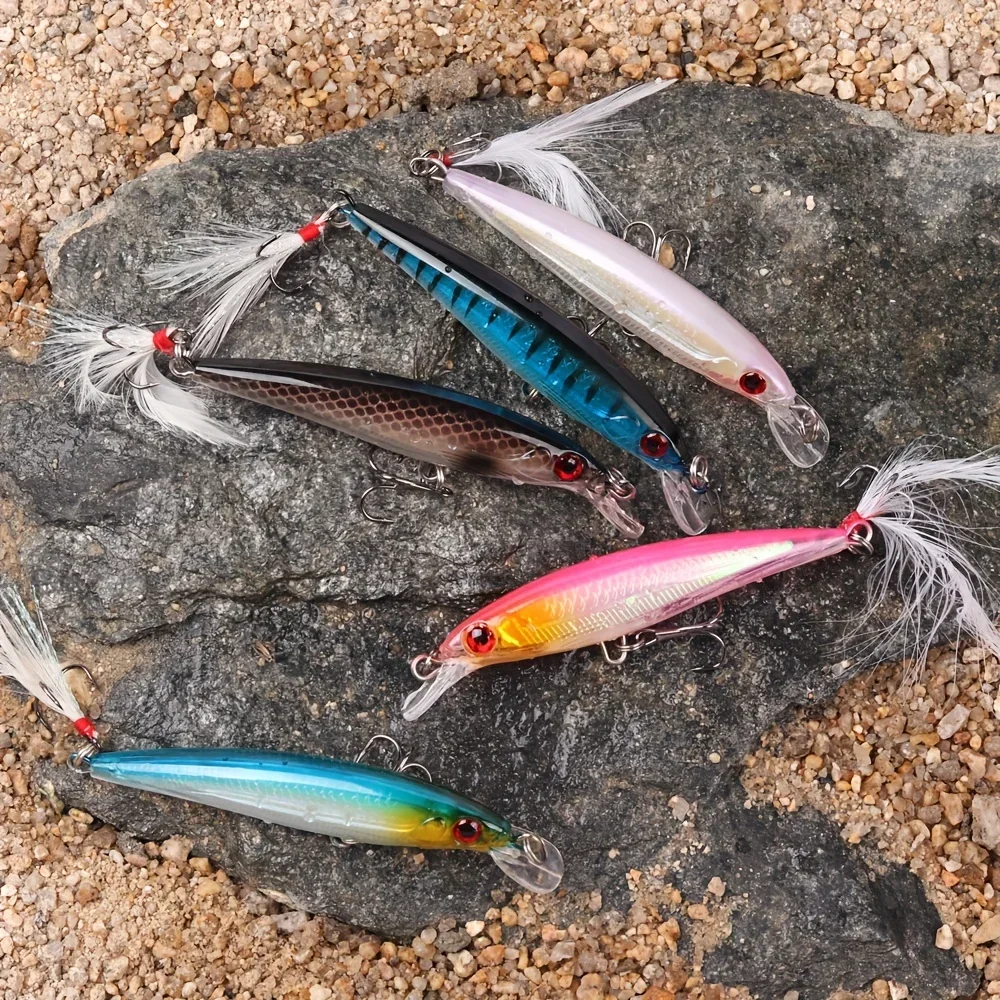 Fishing Lure Box - レーザー3Dアイズバイオニックミノー釣りルアー5個/箱 - 13.3g/6.8g ハードベイト、フェザートリプルフック付きでより多くの魚を捕まえる