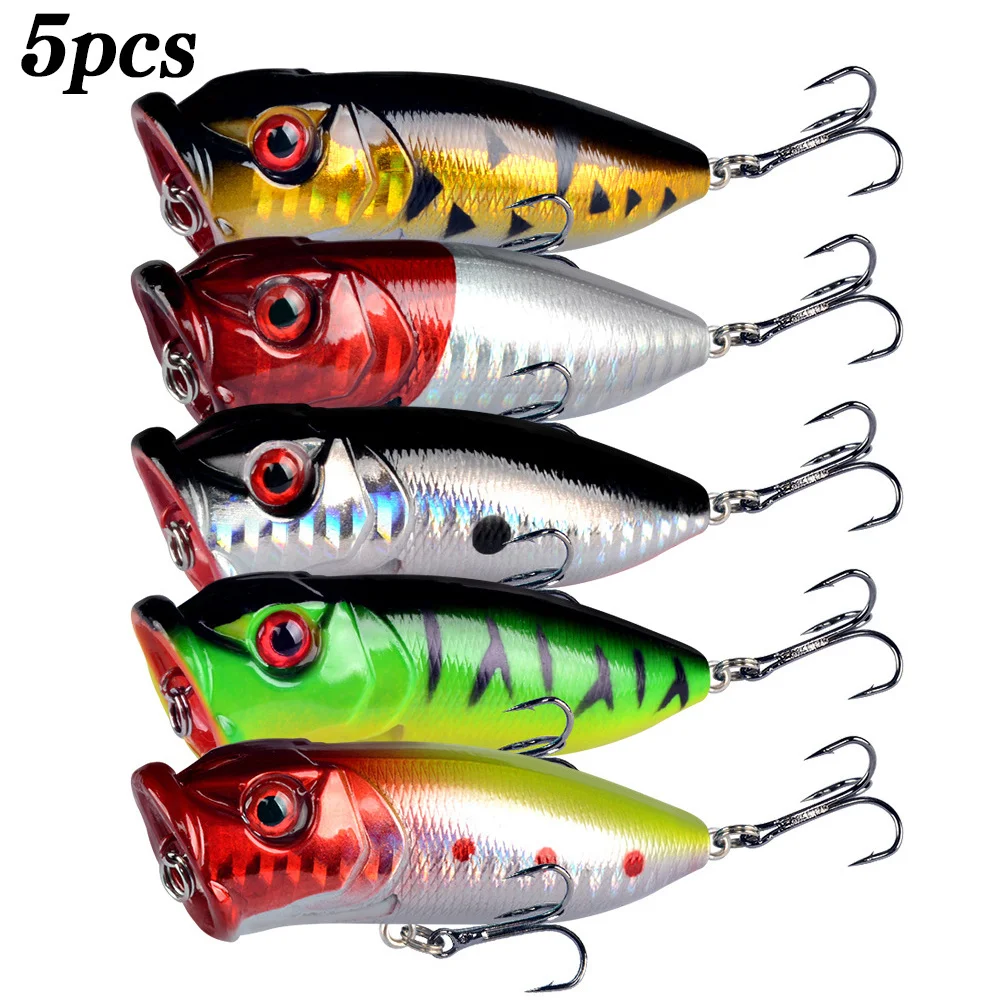 Fishing Lure Popper - 5 個ポッパー釣りルアー 3D アイズベイトトップウォータークランクベイトワブラー釣り具