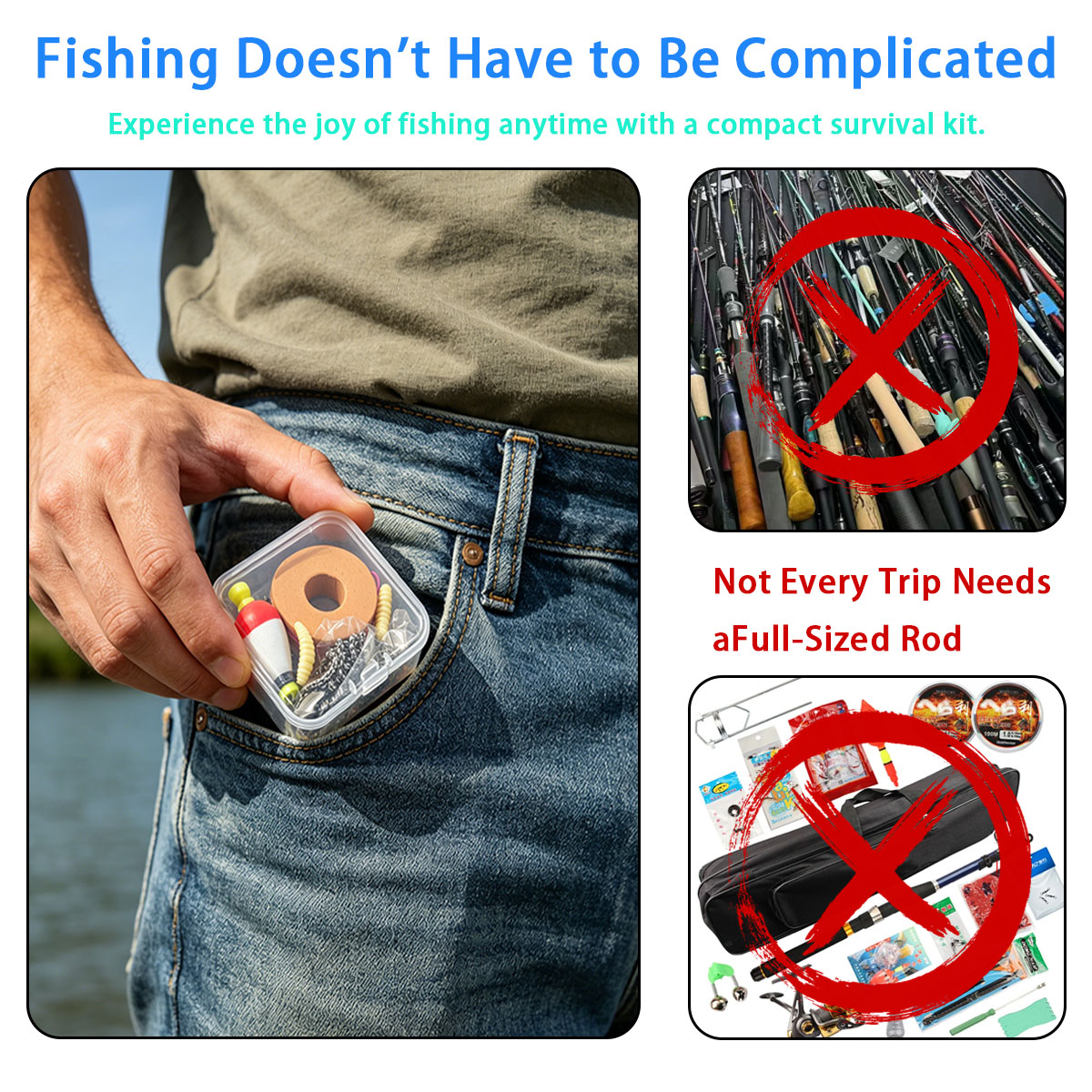 Fishing Lure Kit - ポータブル緊急釣り具セット、ポータブル屋外緊急釣りキット（浮き、フック、ルアー、釣り糸、収納ボックス付き）