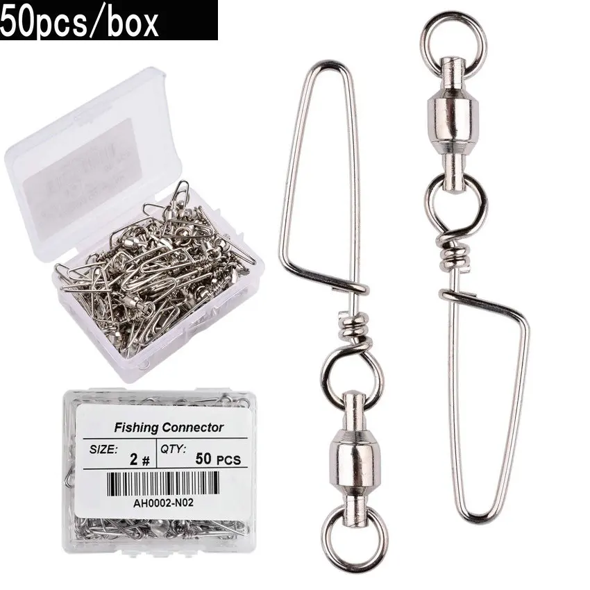 Fishing Lure Box - 50個 フィッシングボールベアリングスイベル コーストロックスナップ付き 0-6 # ステンレスバレルスイベルフックルアーフィッシングコネクタタックルボックス